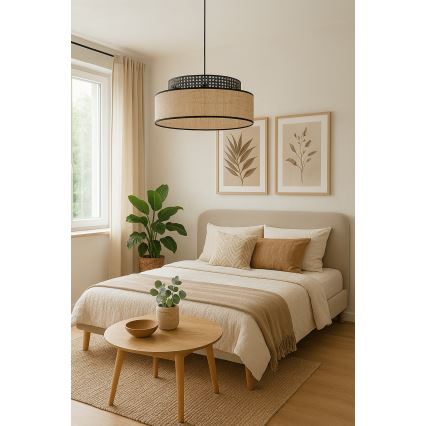Candeeiro suspenso BOHO 1xE27/60W/230V diâmetro 40 cm preto/vime