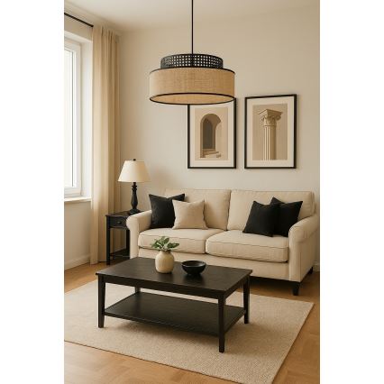 Candeeiro suspenso BOHO 1xE27/60W/230V diâmetro 40 cm preto/vime