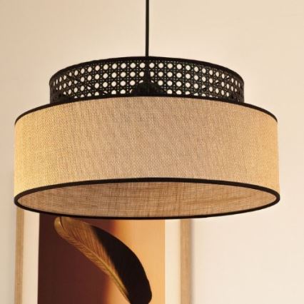 Candeeiro suspenso BOHO 1xE27/60W/230V diâmetro 40 cm preto/vime