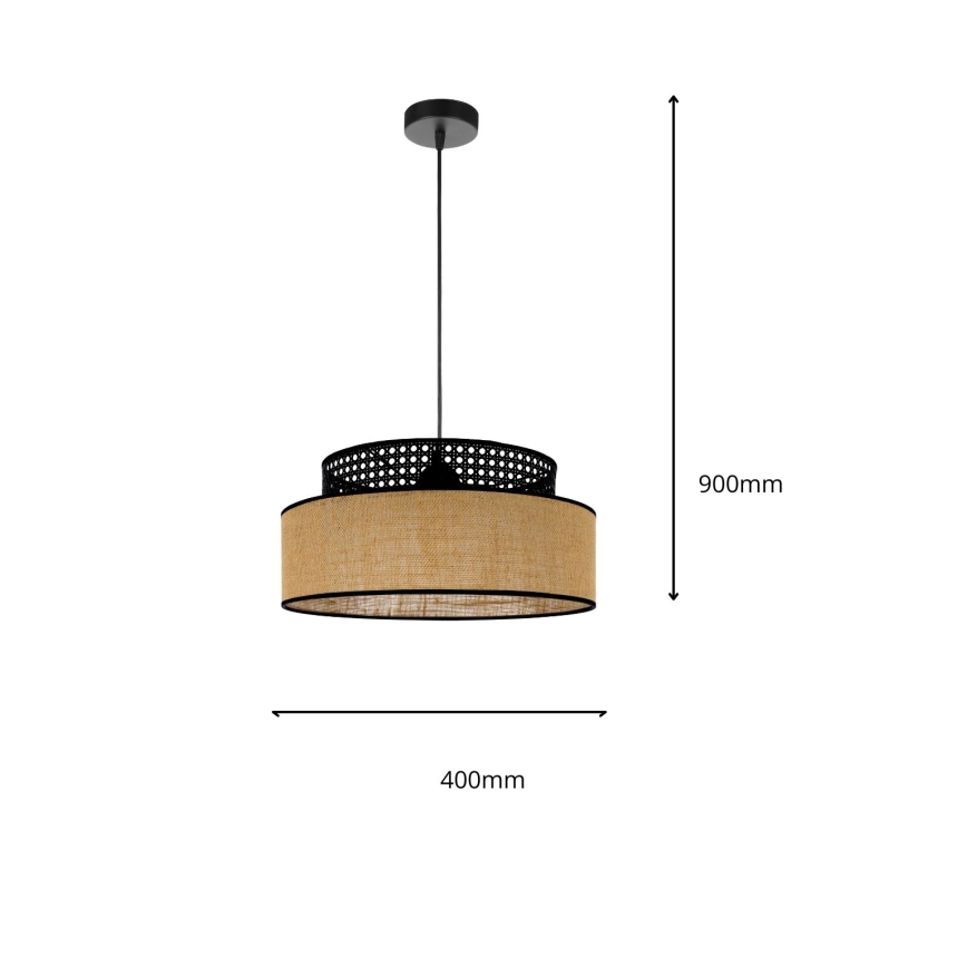 Candeeiro suspenso BOHO 1xE27/60W/230V diâmetro 40 cm preto/vime