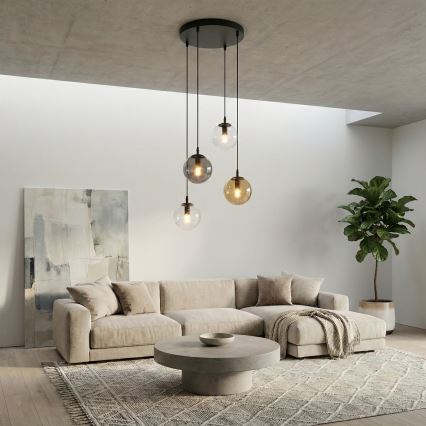 Candeeiro suspenso COSMO 4xE14/10W/230V diâmetro 40 cm preto/cinzento/bege/transparente