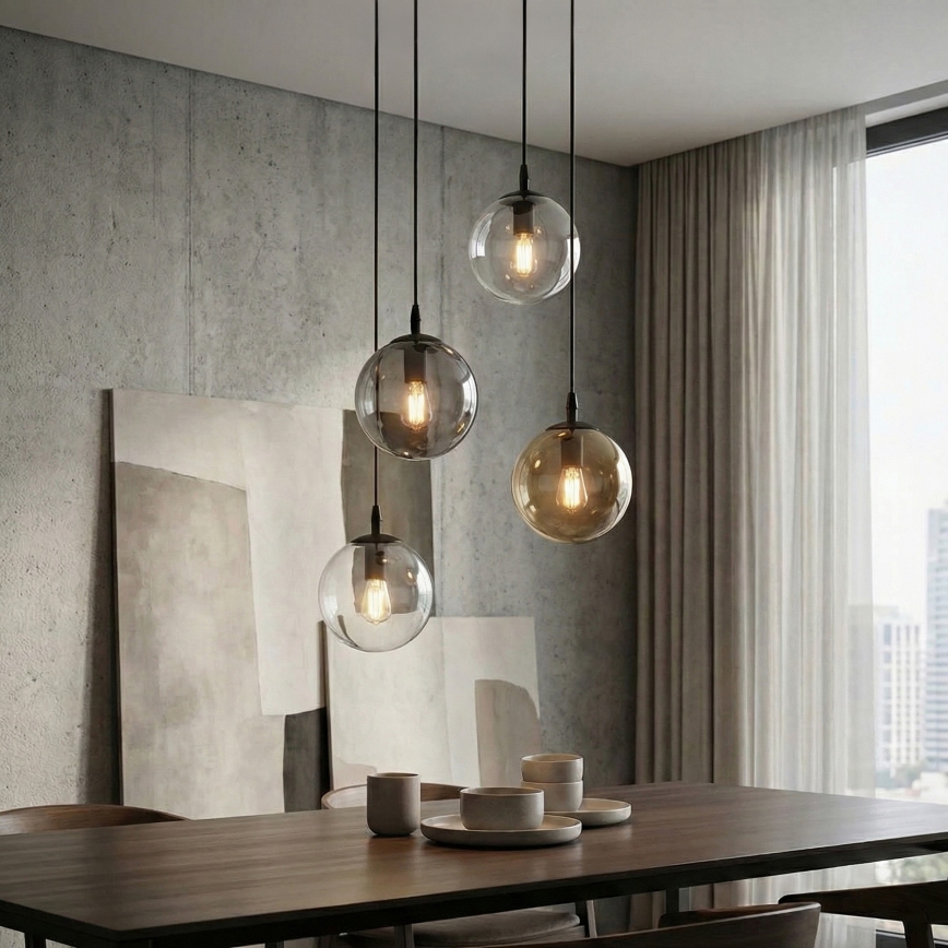 Candeeiro suspenso COSMO 4xE14/10W/230V diâmetro 40 cm preto/cinzento/bege/transparente