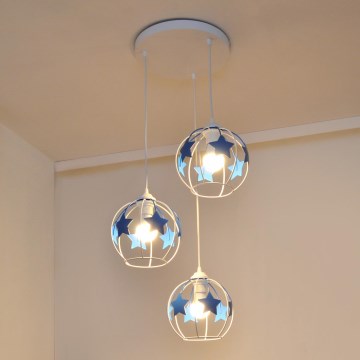 Candeeiro suspenso de criança STARS 3xE27/15W/230V azul/branco