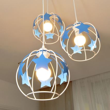 Candeeiro suspenso de criança STARS 3xE27/15W/230V azul/branco