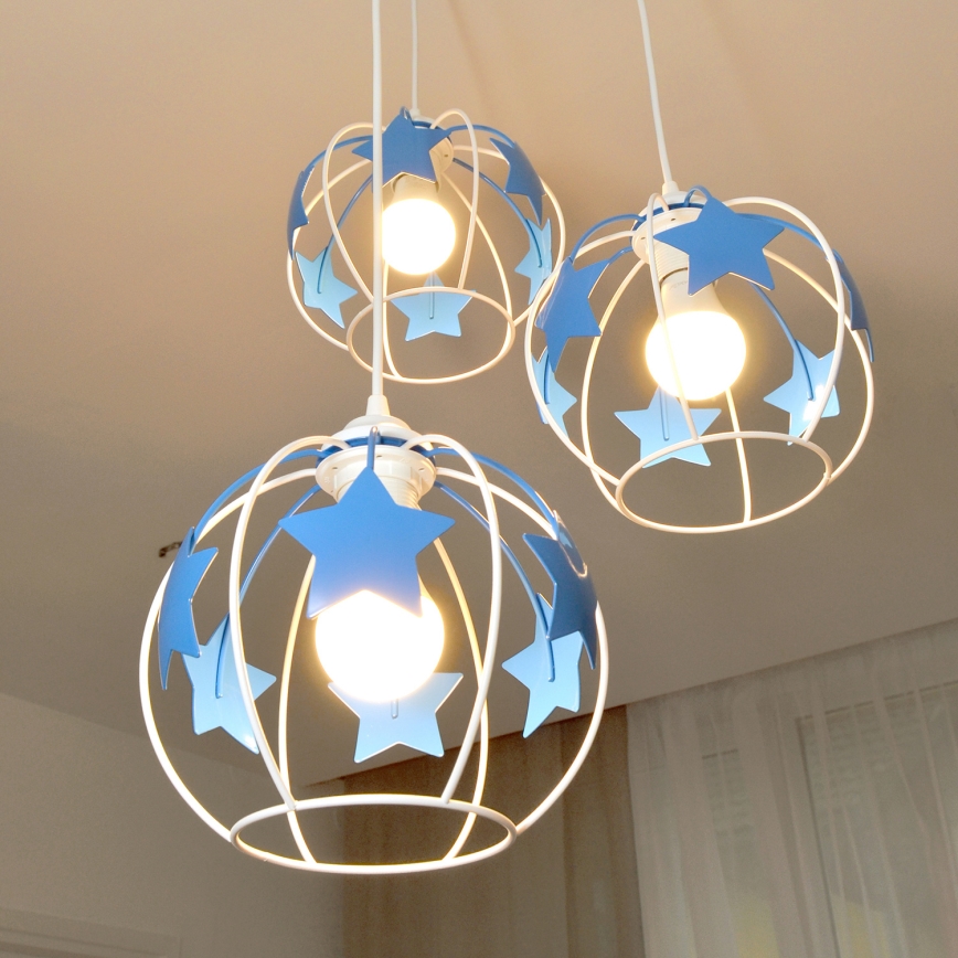 Candeeiro suspenso de criança STARS 3xE27/15W/230V azul/branco