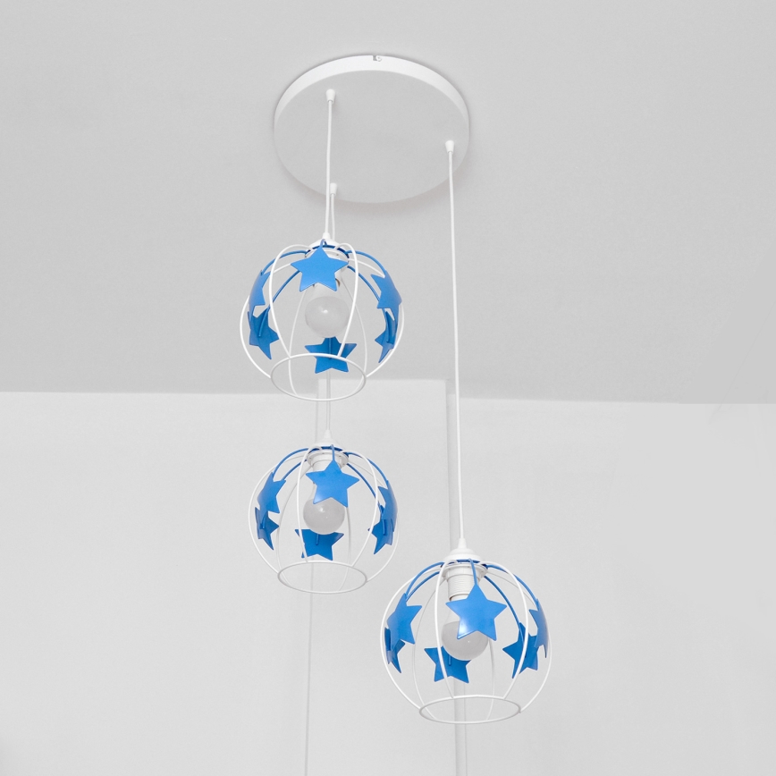 Candeeiro suspenso de criança STARS 3xE27/15W/230V azul/branco
