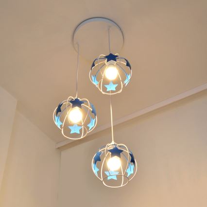 Candeeiro suspenso de criança STARS 3xE27/15W/230V azul/branco
