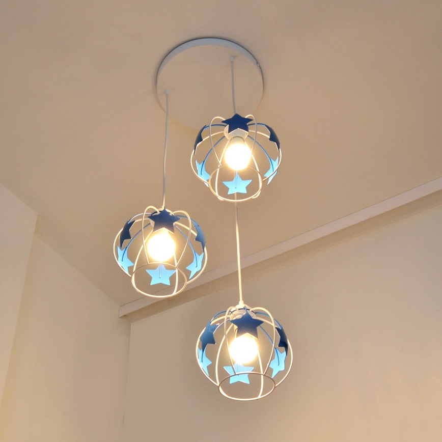 Candeeiro suspenso de criança STARS 3xE27/15W/230V azul/branco