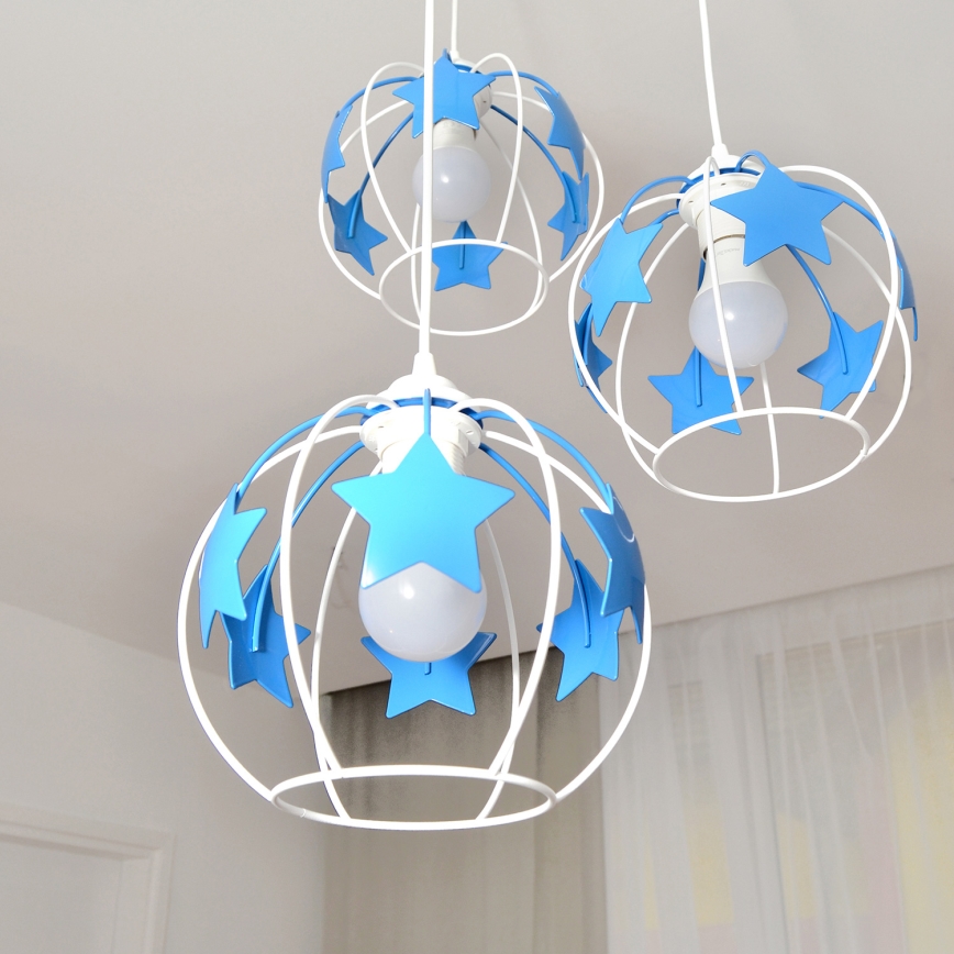 Candeeiro suspenso de criança STARS 3xE27/15W/230V azul/branco