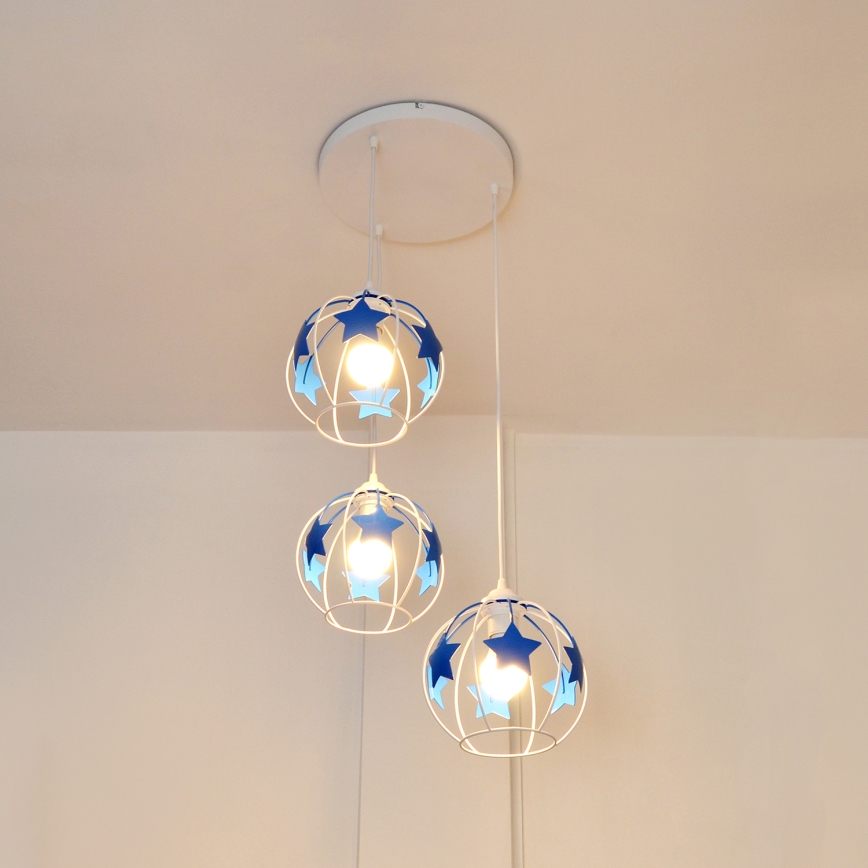 Candeeiro suspenso de criança STARS 3xE27/15W/230V azul/branco