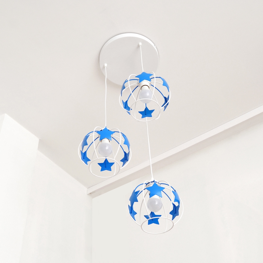 Candeeiro suspenso de criança STARS 3xE27/15W/230V azul/branco