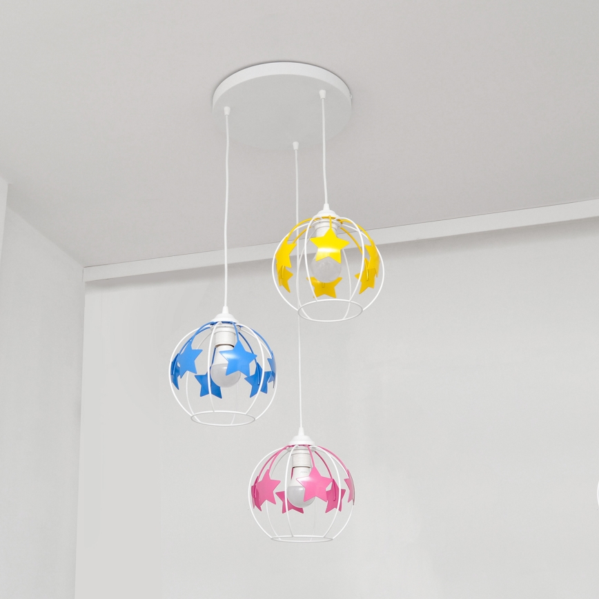 Candeeiro suspenso de criança STARS 3xE27/15W/230V azul/rosa/amarelo