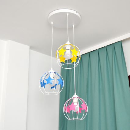 Candeeiro suspenso de criança STARS 3xE27/15W/230V azul/rosa/amarelo