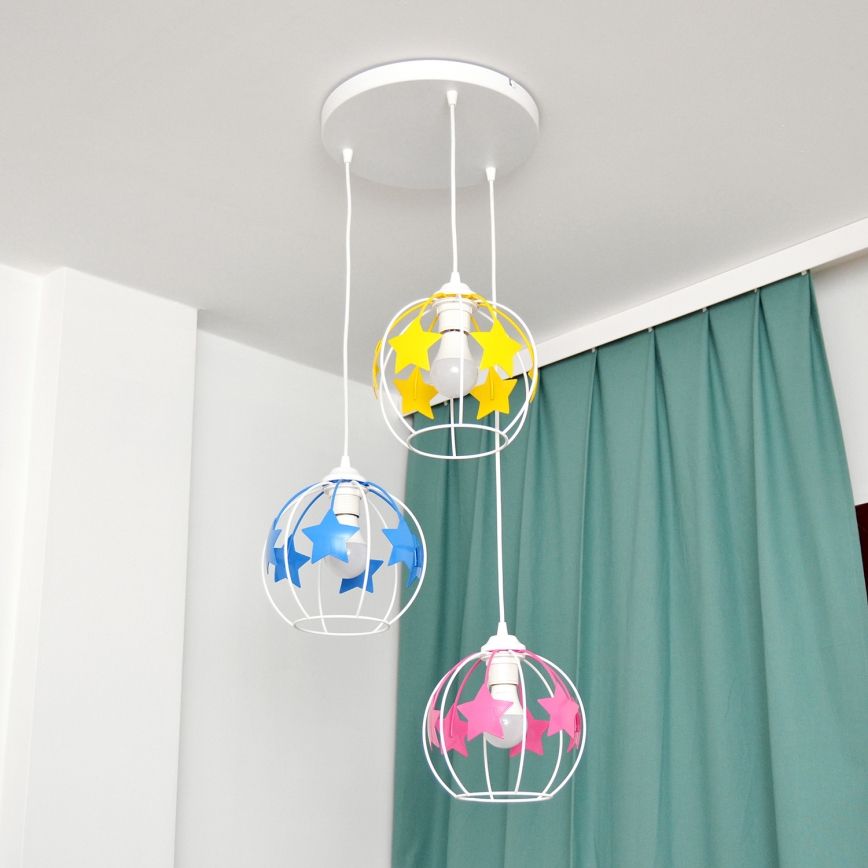 Candeeiro suspenso de criança STARS 3xE27/15W/230V azul/rosa/amarelo
