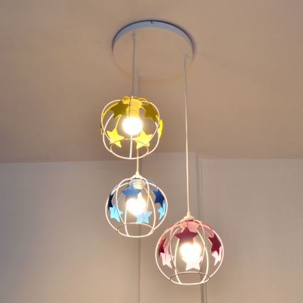 Candeeiro suspenso de criança STARS 3xE27/15W/230V azul/rosa/amarelo