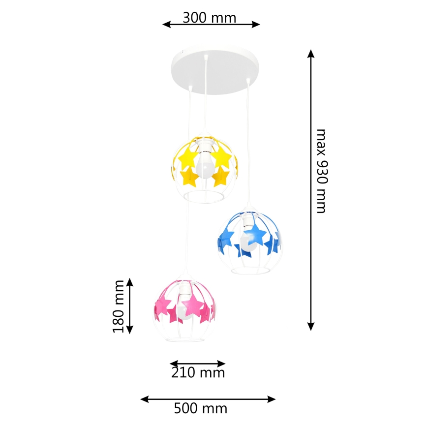 Candeeiro suspenso de criança STARS 3xE27/15W/230V azul/rosa/amarelo