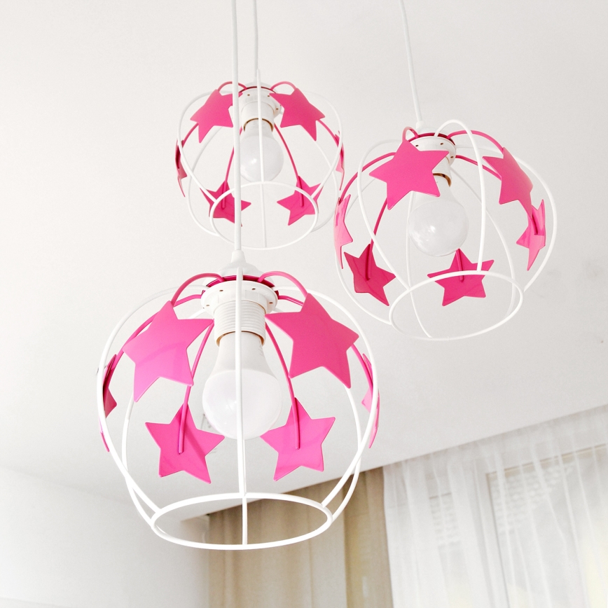 Candeeiro suspenso de criança STARS 3xE27/15W/230V rosa/branco