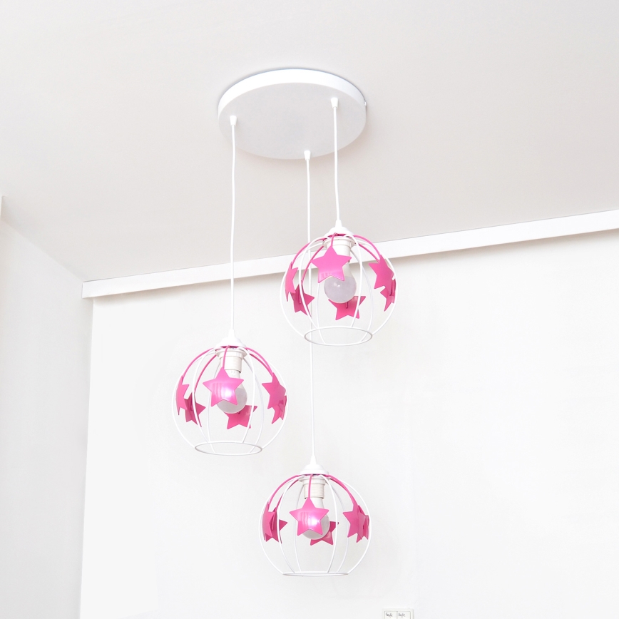 Candeeiro suspenso de criança STARS 3xE27/15W/230V rosa/branco