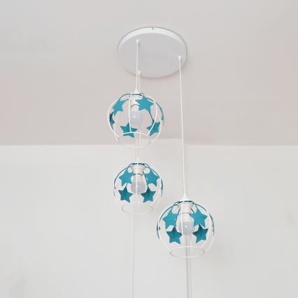 Candeeiro suspenso de criança STARS 3xE27/15W/230V turquesa/branco