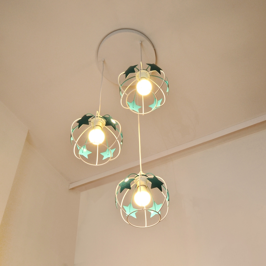 Candeeiro suspenso de criança STARS 3xE27/15W/230V turquesa/branco