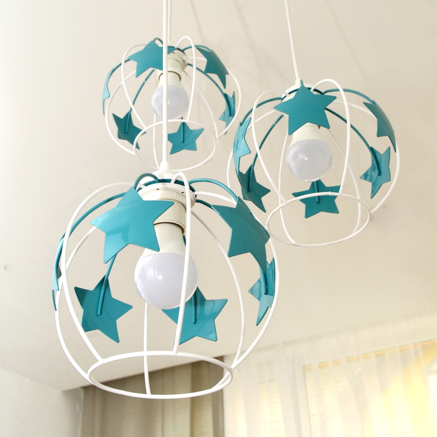 Candeeiro suspenso de criança STARS 3xE27/15W/230V turquesa/branco
