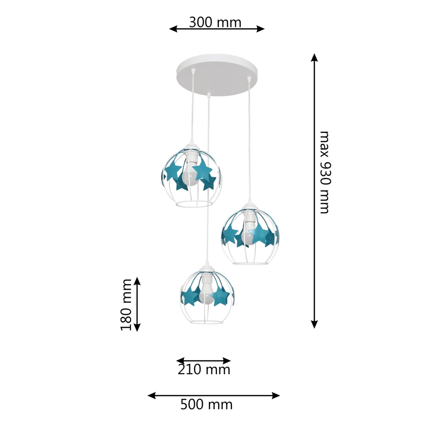 Candeeiro suspenso de criança STARS 3xE27/15W/230V turquesa/branco