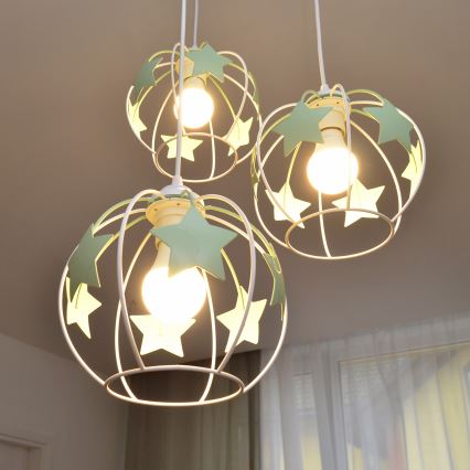 Candeeiro suspenso de criança STARS 3xE27/15W/230V verde/branco