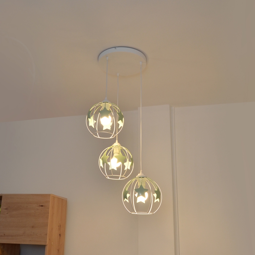 Candeeiro suspenso de criança STARS 3xE27/15W/230V verde/branco
