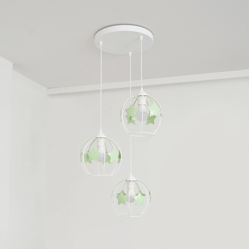 Candeeiro suspenso de criança STARS 3xE27/15W/230V verde/branco