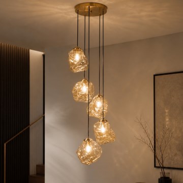 Candeeiro suspenso em cabo CRISTAL 5xE14/15W/230V, latão/bege fumado