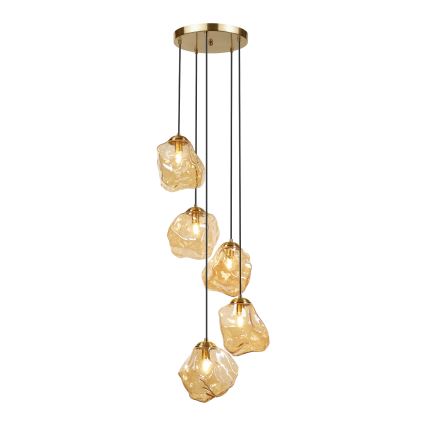 Candeeiro suspenso em cabo CRISTAL 5xE14/15W/230V, latão/bege fumado