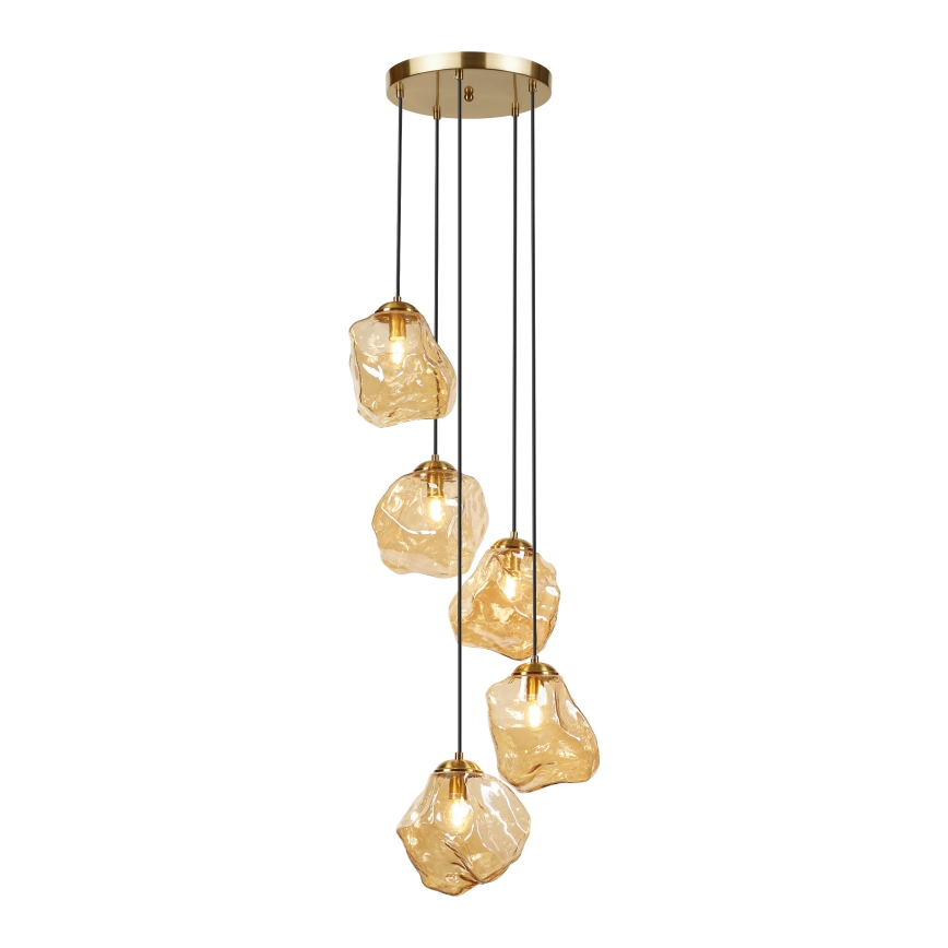 Candeeiro suspenso em cabo CRISTAL 5xE14/15W/230V, latão/bege fumado