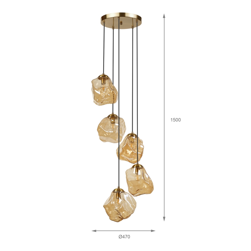 Candeeiro suspenso em cabo CRISTAL 5xE14/15W/230V, latão/bege fumado