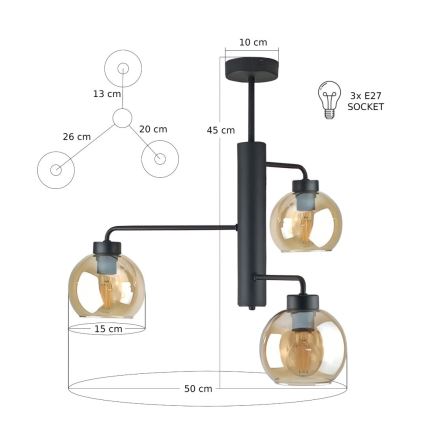 Candeeiro suspenso FLEX 3xE27/60W/230V preto/fumado bege