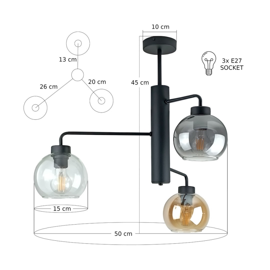 Candeeiro suspenso FLEX 3xE27/60W/230V preto/fumado preto/fumado bege/transparente