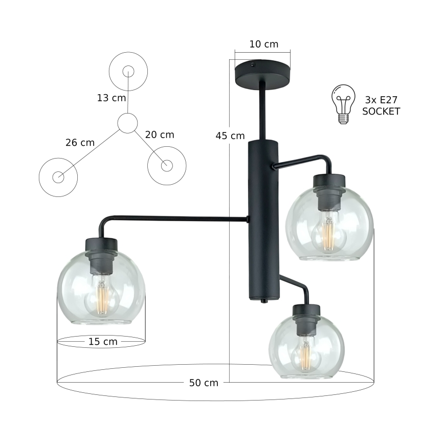 Candeeiro suspenso FLEX 3xE27/60W/230V preto/transparente