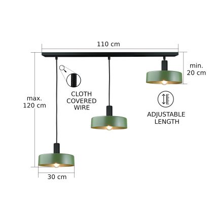 Candeeiro suspenso HAKI 3xE27/60W/230V verde/preto