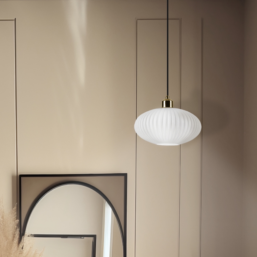 Candeeiro suspenso HARMA 1xE27/15W/230V diâmetro 25 cm branco/dourado