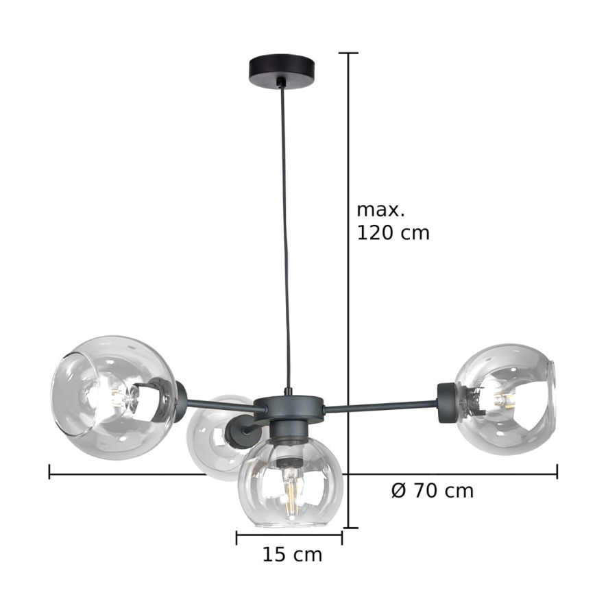 Candeeiro suspenso KALIOPE 4xE27/60W/230V preto/transparente