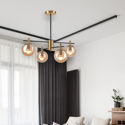 Candeeiro suspenso LILOU 4xE14/5W/230V dourado/preto/fumado bege