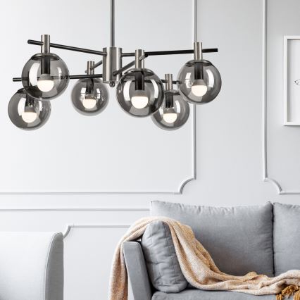 Candeeiro suspenso LILOU 6xE14/5W/230V cromado mate/fumado