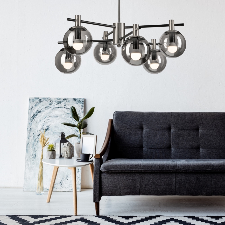 Candeeiro suspenso LILOU 6xE14/5W/230V cromado mate/fumado