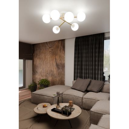 Candeeiro suspenso MAGNUM 6xE14/10W/230V branco/dourado