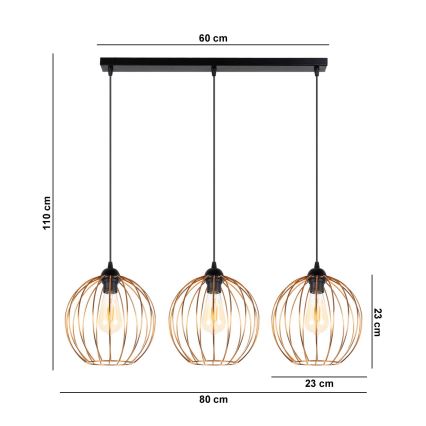 Candeeiro suspenso MATT 3xE27/60W/230V preto/cobre