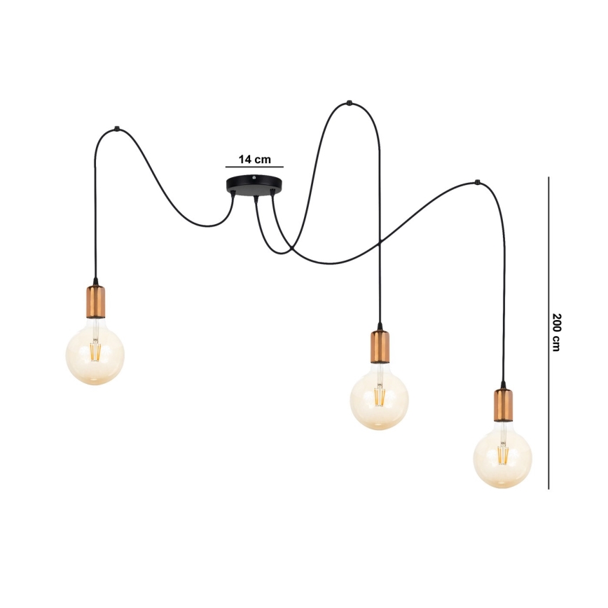 Candeeiro suspenso MIROS 3xE27/60W/230V aranha preto/cobre