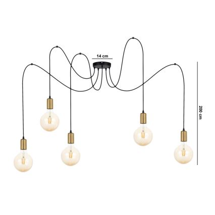 Candeeiro suspenso MIROS 5xE27/60W/230V aranha preto/dourado