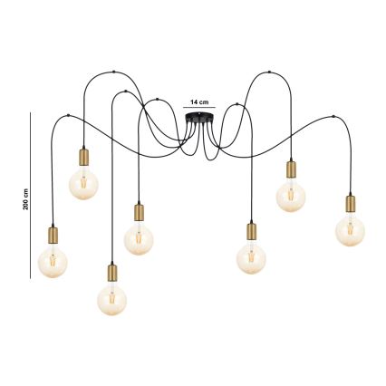 Candeeiro suspenso MIROS 7xE27/60W/230V aranha preto/dourado