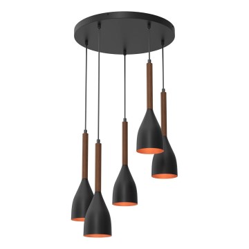 Candeeiro suspenso MUZA 5xE27/15W/230V preto/castanho/cobre/faia