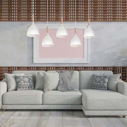 Candeeiro suspenso NOAK 5xE27/15W/230V branco/faia