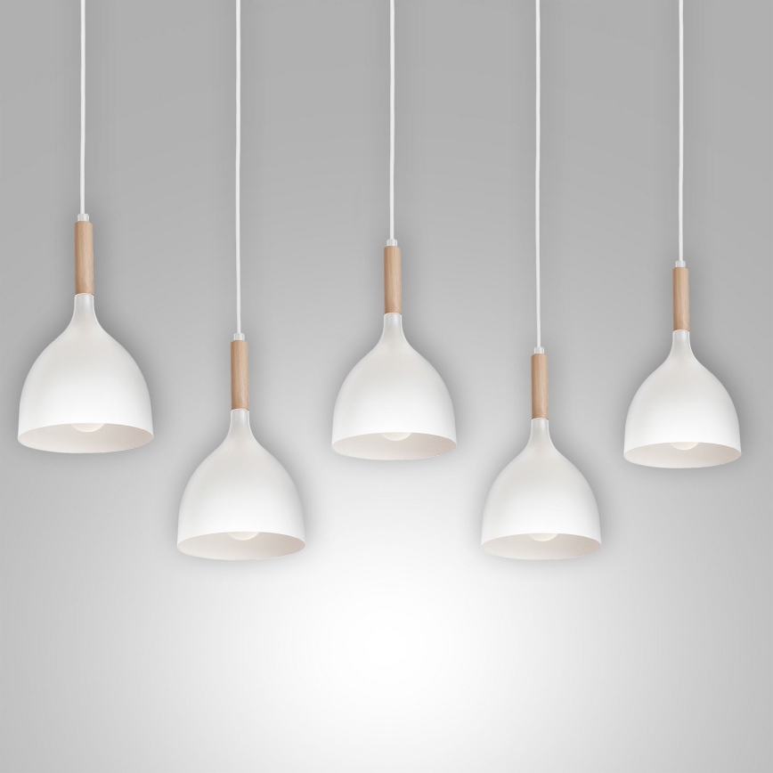 Candeeiro suspenso NOAK 5xE27/15W/230V branco/faia